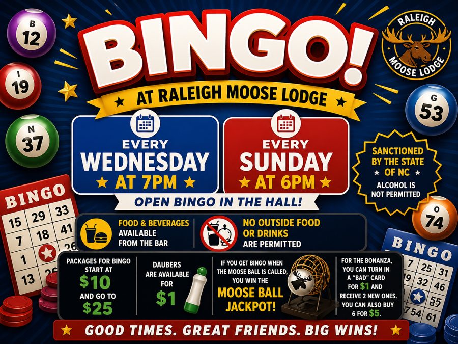 Bingo: Wednesdays 7pm and Sundays 6pm