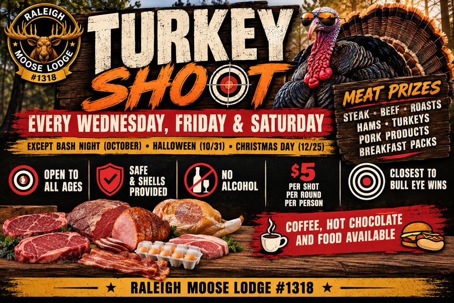 Turkey Shoot 2026: every Wednesday, Friday and Saturday, $5 a shot, meat prizes